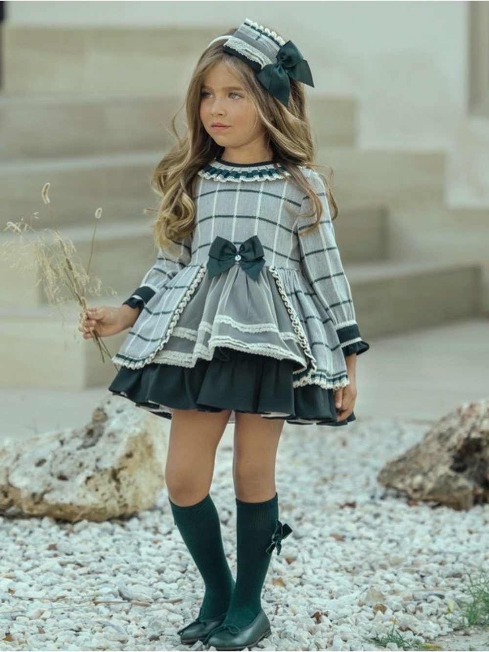 (Color Red Available) Girls Plaid Formal Dress with Bow